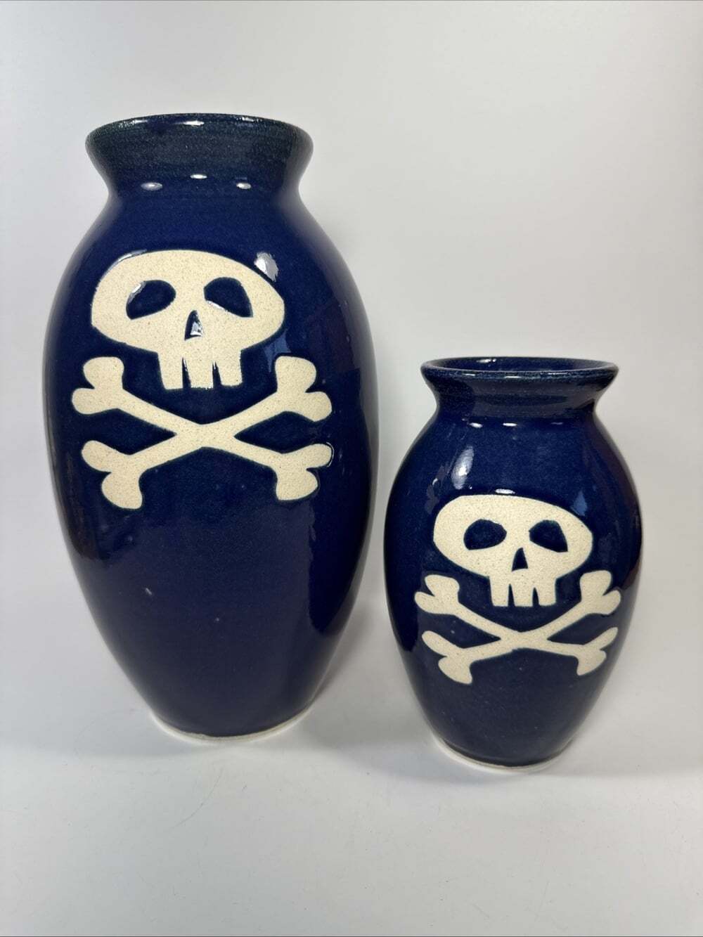 Vtg Rare Braemar Pottery Poison Vase Set Of 2 Jolly Roger Signed Canister Vessel